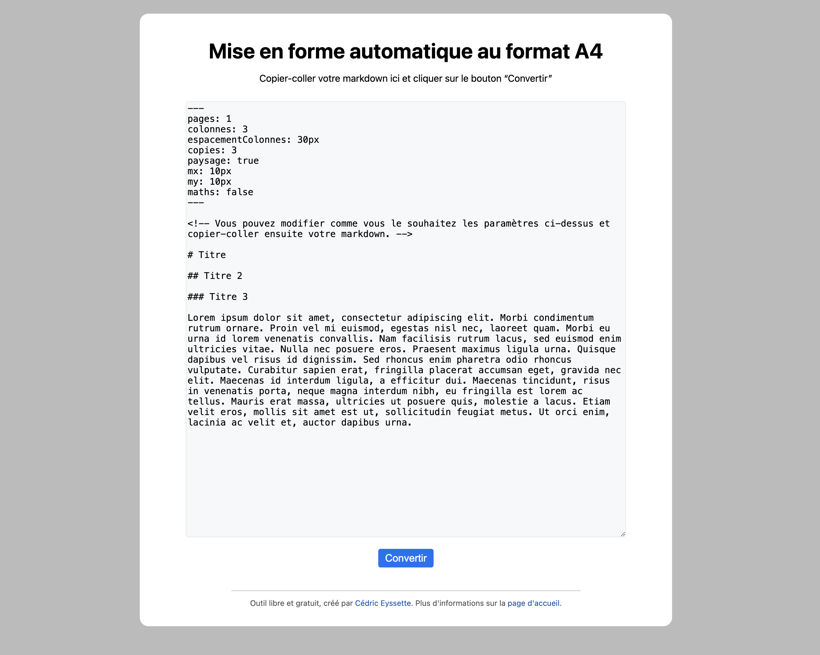 Interface du logiciel A4 : un champ texte à remplir et un bouton pour convertir son texte en une page A4 prête à imprimer