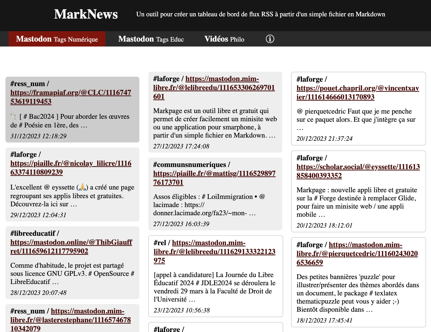 Page d’accueil de l’application Marknews : l’application affiche des onglets thématiques que l’on peut définir soi-même et pour chaque onglet la liste des articles issus des flux RSS qu’on a sélectionnés