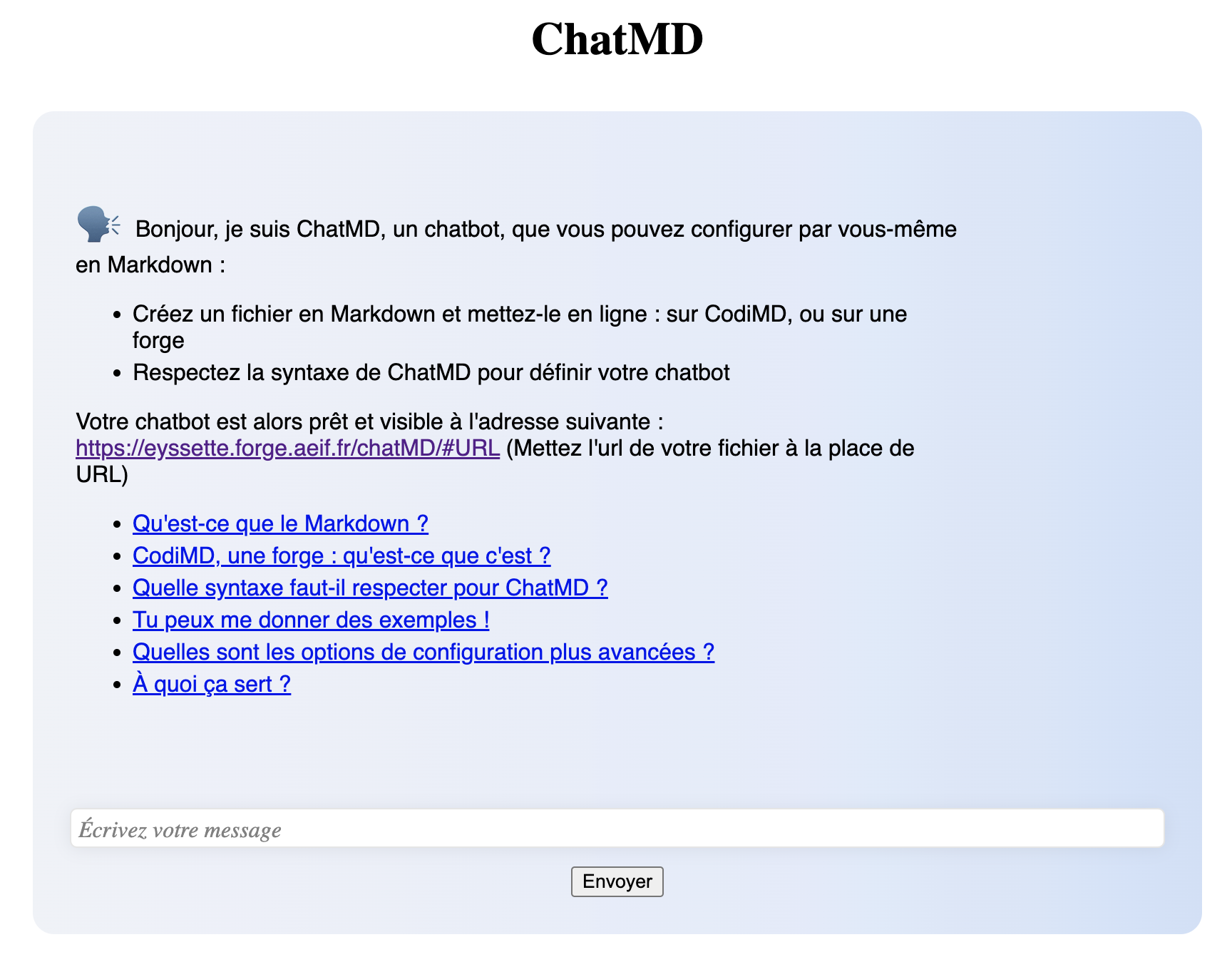 Interface du logiciel ChatMD : on a un chatbot avec un champ texte et le chatbot nous répond en fonction de ce qu’on lui indique